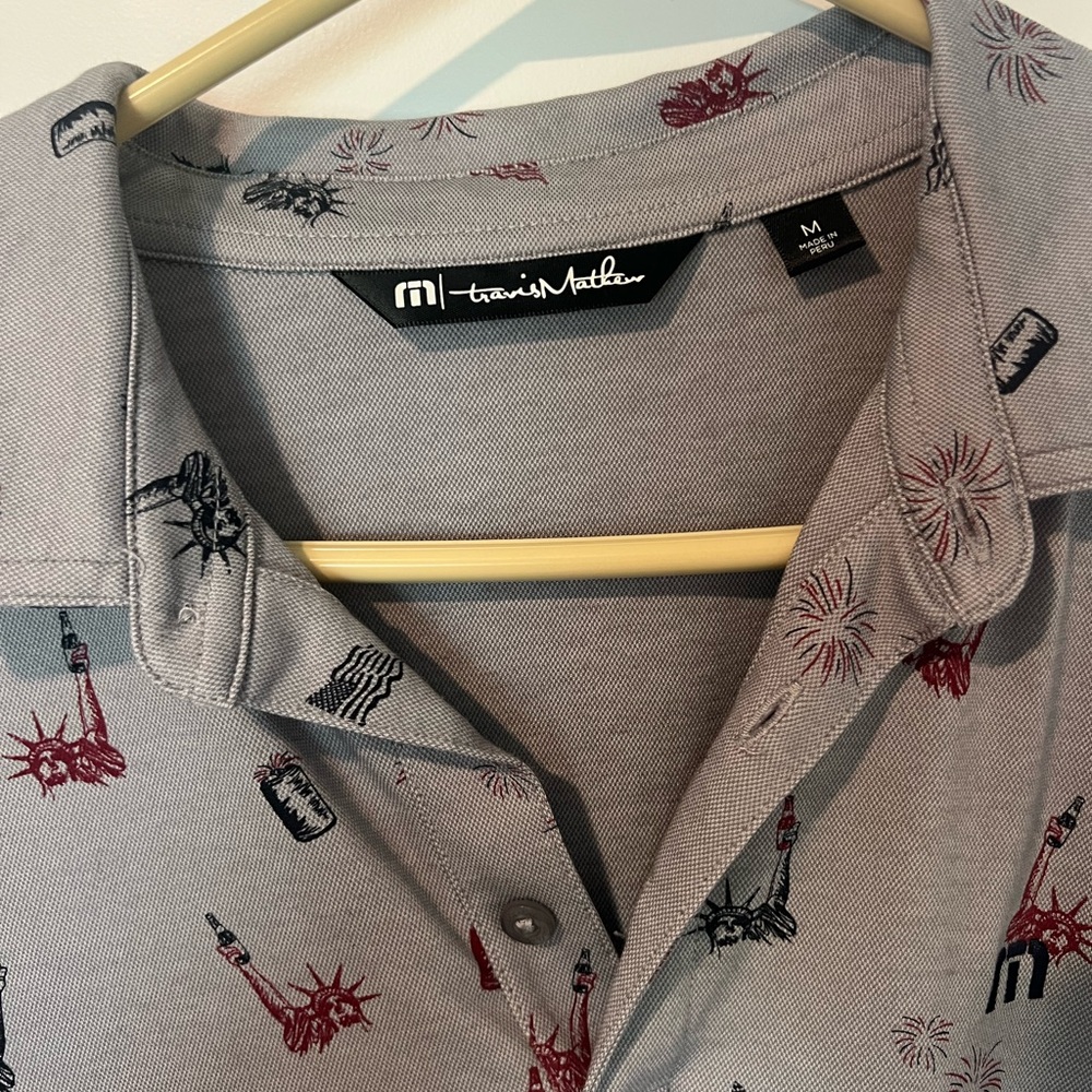 TravisMathew Justice In Beer Polo Mens M Gray Golf Shirt Patriotic Print - Picture 9 of 10